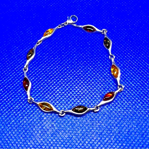 VTG Baltic Amber Tri-Color Linked Chain Bracelet .925 EUC - Picture 2 of 9
